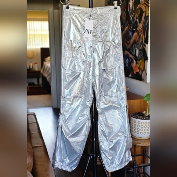 Zara Silver Metallic Shiny Cargo Pants - Picture 2 of 8